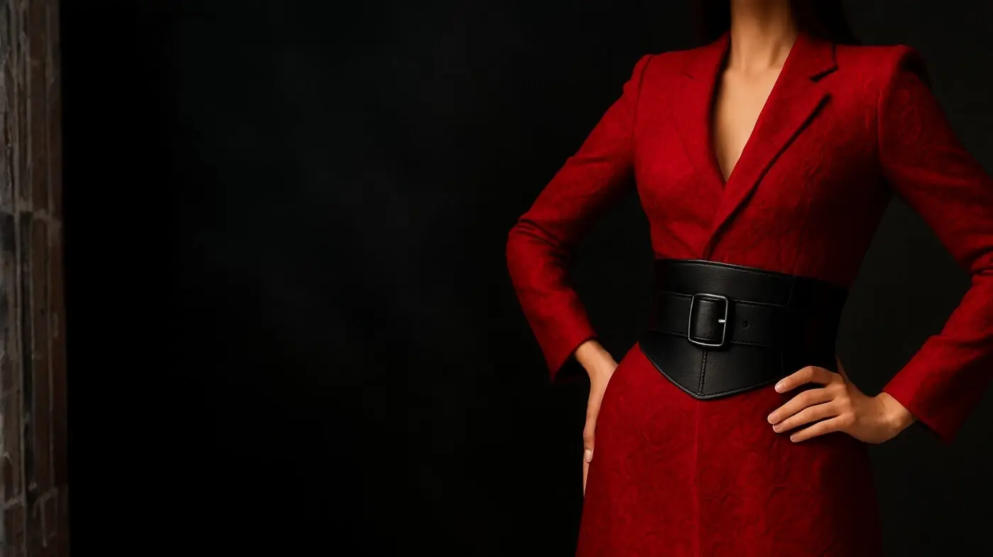 Woman wearing a corset belt over red dress