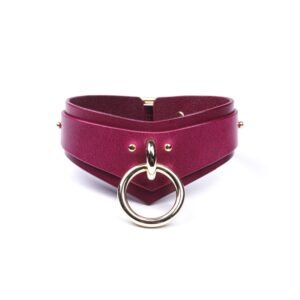 Front-facing shot of the handmade burgundy leather collar featuring a centered gold O-ring, designed for edgy and elegant styling